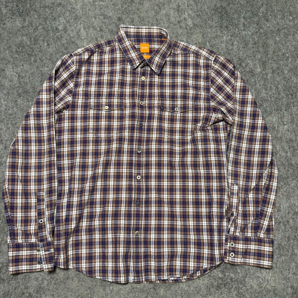 Boss Hugo Boss Orange Label Slim Fit Plaid Shirt XL Brown Blue Button Down